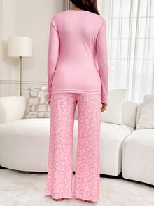 Slowluna Maternity Letter Cartoon Print Long Sleeve Top And Pants Casual Daily 2 Pieces Set - Pink - View 4