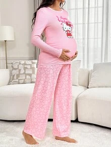 Slowluna Maternity Letter Cartoon Print Long Sleeve Top And Pants Casual Daily 2 Pieces Set - Pink - View 6