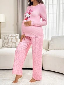 Slowluna Maternity Letter Cartoon Print Long Sleeve Top And Pants Casual Daily 2 Pieces Set - Pink - View 5