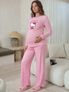 Slowluna Maternity Letter Cartoon Print Long Sleeve Top And Pants Casual Daily 2 Pieces Set - Pink - View 2