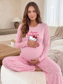 Slowluna Maternity Letter Cartoon Print Long Sleeve Top And Pants Casual Daily 2 Pieces Set - Pink - View 3