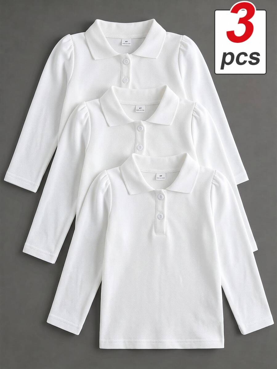 Elladie kids 女童白色3件組長袖 Polo 衫,精緻愛心鈕扣,長袖 T 恤,基本純色修身 T 恤,適合返校季 - 白色 - 查看 1