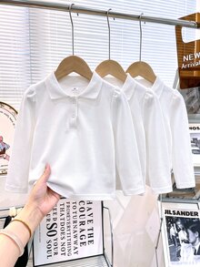 Elladie kids 女童白色3件組長袖 Polo 衫，精緻愛心鈕扣，長袖 T 恤，基本純色修身 T 恤，適合返校季 - 白色 - 查看 4