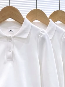 Elladie kids 女童白色3件組長袖 Polo 衫，精緻愛心鈕扣，長袖 T 恤，基本純色修身 T 恤，適合返校季 - 白色 - 查看 3