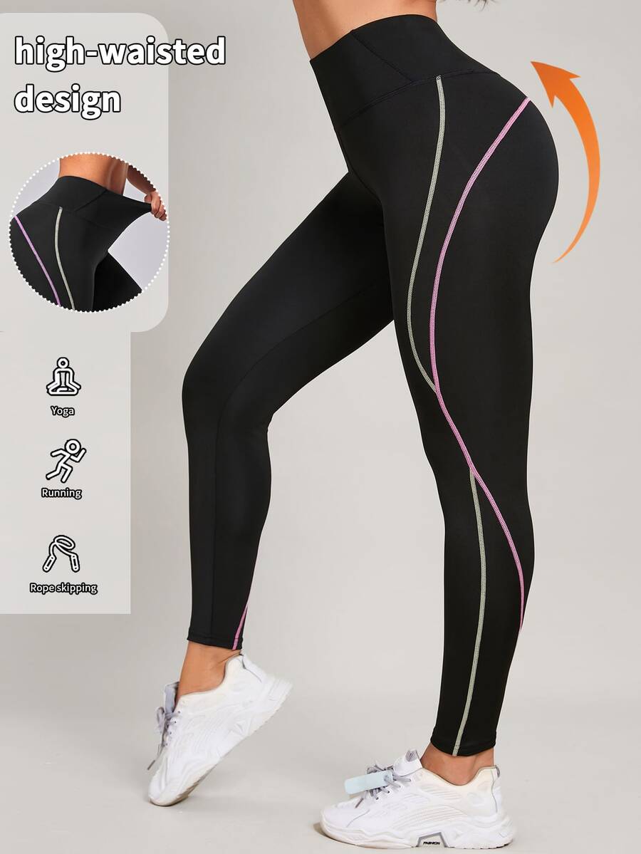Easithlete Easithlete Yoga Leggings M-shaped Seam Booty Sculpt Top-stitching Wide Waistband Athletic Tights - Black - View 1