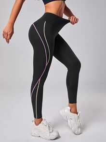 Easithlete Easithlete Yoga Leggings M-shaped Seam Booty Sculpt Top-stitching Wide Waistband Athletic Tights - Black - View 6