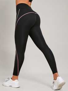 Easithlete Easithlete Yoga Leggings M-shaped Seam Booty Sculpt Top-stitching Wide Waistband Athletic Tights - Black - View 7