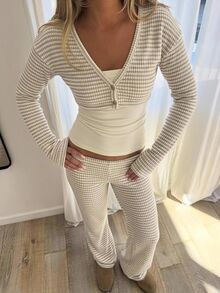 CovetEZ 3 Set Women's White Animal Print Solid Color Camisole Top, Long Sleeve Shirt And Long Pants Casual French Daily Outfit Set Lounge Fall - Khaki - View 4