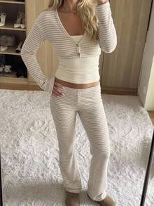 CovetEZ 3 Set Women's White Animal Print Solid Color Camisole Top, Long Sleeve Shirt And Long Pants Casual French Daily Outfit Set Lounge Fall - Khaki - View 2