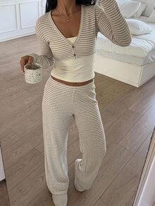 CovetEZ 3 Set Women's White Animal Print Solid Color Camisole Top, Long Sleeve Shirt And Long Pants Casual French Daily Outfit Set Lounge Fall - Khaki - View 6