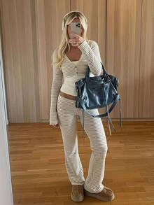CovetEZ 3 Set Women's White Animal Print Solid Color Camisole Top, Long Sleeve Shirt And Long Pants Casual French Daily Outfit Set Lounge Fall - Khaki - View 5