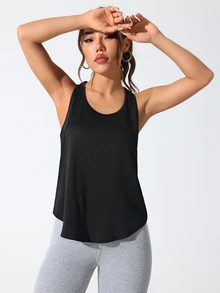 SHEIN Sports 女士褶皱紧身运动挂脖背心健身上衣修身衬衫健身背心 - 黑色 - 查看 4