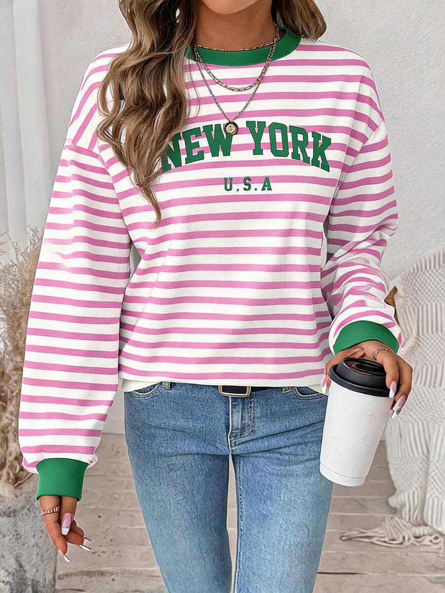 SHEIN LUNE Women's Pink And White Striped Letter Print Colorblock Long Sleeve Sweatshirt School Autumn Casual - Multicolor - View 1