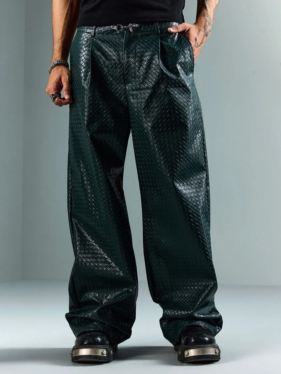 ROMWE MEN Casual بنطلون رجالي فضفاض منسوج من البولي يوريثان مع إبزيم بتصميم طليعي - متعدد الألوان - مشاهدة 1