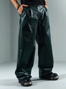 ROMWE MEN Casual بنطلون رجالي فضفاض منسوج من البولي يوريثان مع إبزيم بتصميم طليعي - متعدد الألوان - مشاهدة 6