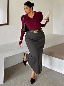 Dazy Plus Fun Commuter Office Wear Mid-Length Skirt - Dark Grey - View 3