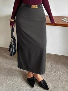 Dazy Plus Fun Commuter Office Wear Mid-Length Skirt - Dark Grey - View 9