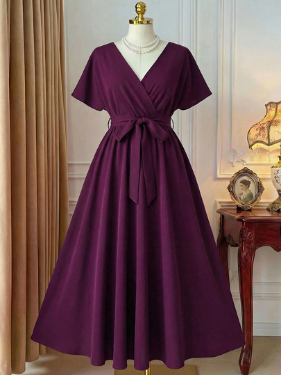 Rometta Exquisite & Elegant  Plus Size Solid Color Cross Wrap Belt Waist Elegant Dress, Suitable For Summer