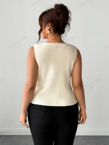 Elenzga Plus Size Women's Solid Color Single-Breasted Casual Daily Cardigan Office Wear - Beige - View 2