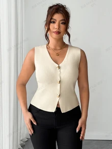 Elenzga Plus Size Women's Solid Color Single-Breasted Casual Daily Cardigan Office Wear - Beige - View 3
