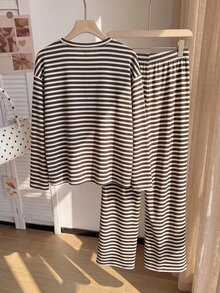 Comfortcana Plus Size Women's Brown Letter Print Drop Shoulder Long Sleeve T-Shirt Wide Leg Pants Casual Traditional 2 Pieces Set Evening Autumn Fall - Brown - View 2