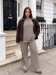 Comfortcana Plus Size Women's Brown Letter Print Drop Shoulder Long Sleeve T-Shirt Wide Leg Pants Casual Traditional 2 Pieces Set Evening Autumn Fall - Brown - View 5