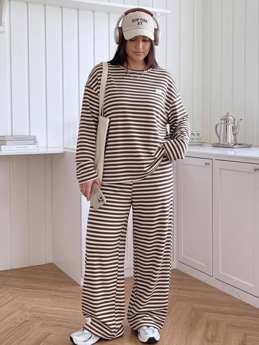Comfortcana Plus Size Women's Brown Letter Print Drop Shoulder Long Sleeve T-Shirt Wide Leg Pants Casual Traditional 2 Pieces Set Evening Autumn Fall - Brown - View 1