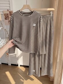 Comfortcana Plus Size Women's Brown Letter Print Drop Shoulder Long Sleeve T-Shirt Wide Leg Pants Casual Traditional 2 Pieces Set Evening Autumn Fall - Brown - View 3