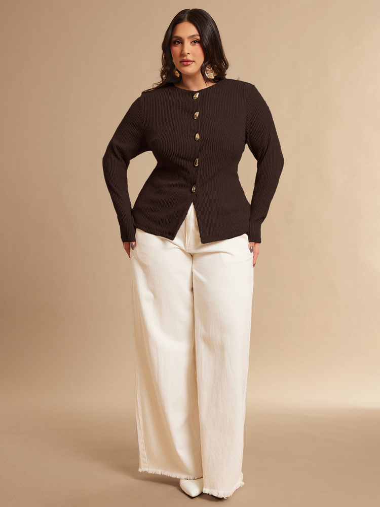 SHEIN BAE Plus Size Women's Casual Elegant Versatile Solid Color Front Button Top Evening Formal Formal Office Party Brown Autumn Brown Autumn - Coffee Brown - View 8