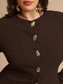 SHEIN BAE 大尺碼女款休閒優雅百搭純色前扣上衣 晚宴正式場合 畢業禮服 辦公室派對 棕色 秋冬 - 咖啡棕 - 查看 3
