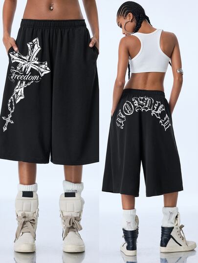 Y2Kool Pantalones de chándal holgados de 7 puntos para mujer, estilo callejero casual, punk oscuro, con fuente gótica de cruz negra Y2K, adecuados para verano, otoño, fiesta, vacaciones en la isla, fiesta, festival de música, festival EDM, atuendo diario, Halloween