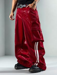 ROMWE MEN Goth Men's Motorcycle Striped Colorblock Button Pocket Pants - Red - View 13