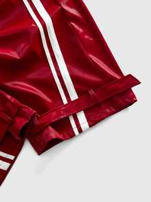 ROMWE MEN Goth Men's Motorcycle Striped Colorblock Button Pocket Pants - Red - View 3