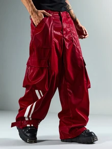 ROMWE MEN Goth Men's Motorcycle Striped Colorblock Button Pocket Pants - Red - View 9