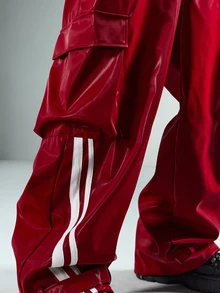 ROMWE MEN Goth Men's Motorcycle Striped Colorblock Button Pocket Pants - Red - View 7