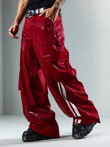 ROMWE MEN Goth Men's Motorcycle Striped Colorblock Button Pocket Pants - Red - View 6