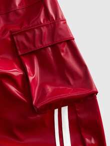 ROMWE MEN Goth Men's Motorcycle Striped Colorblock Button Pocket Pants - Red - View 5