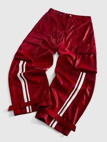 ROMWE MEN Goth Men's Motorcycle Striped Colorblock Button Pocket Pants - Red - View 1