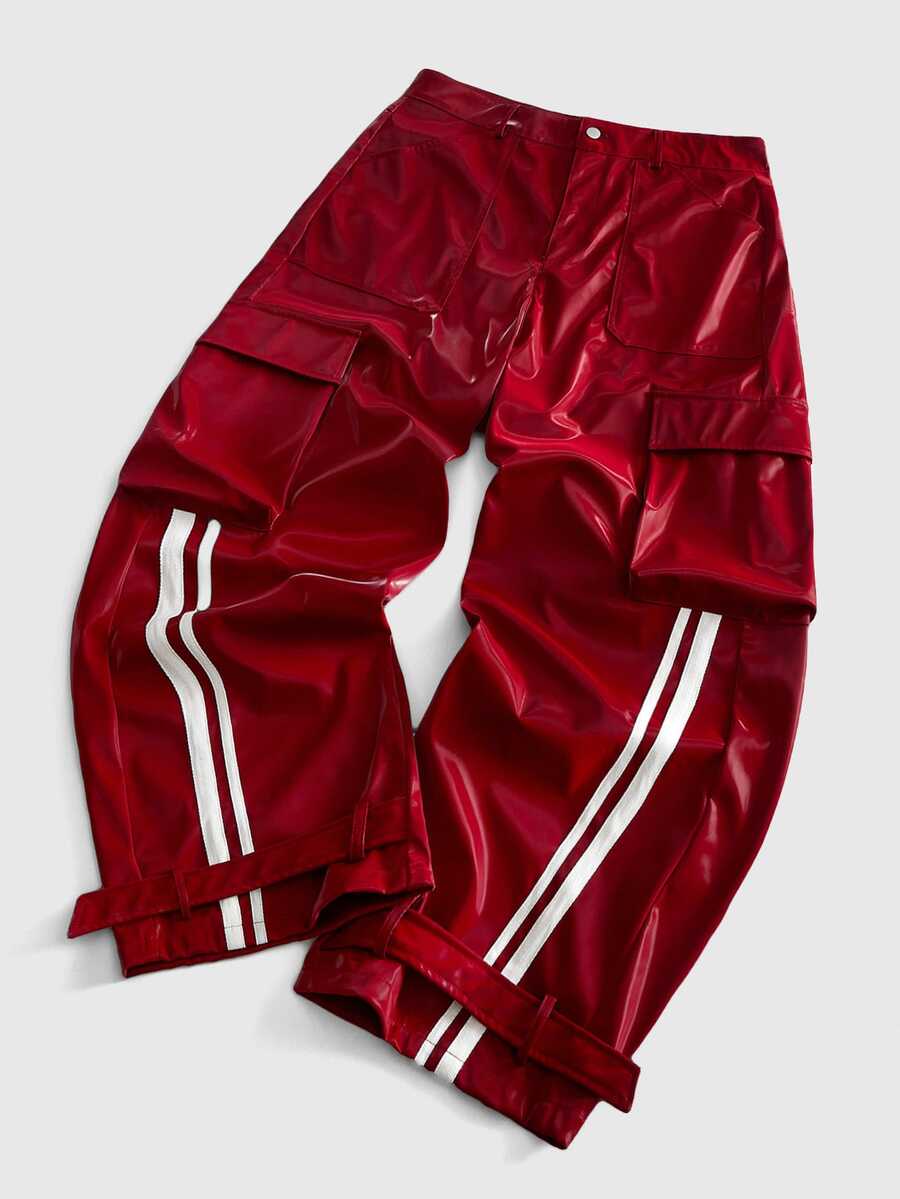 ROMWE MEN Goth Men's Motorcycle Striped Colorblock Button Pocket Pants - Red - View 1
