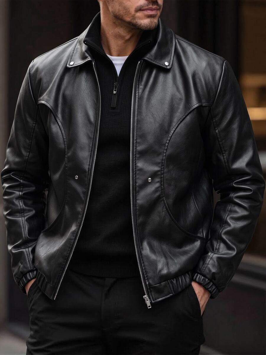 Manfinity CasualCool Men's Short Black Leather Jacket, Fall Winter, Vacation, Father's Day Gifts ... - Black - View 1