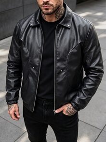 Manfinity CasualCool Men's Short Black Leather Jacket, Fall Winter, Vacation, Father's Day Gifts ... - Black - View 7