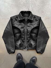 Manfinity CasualCool Men's Short Black Leather Jacket, Fall Winter, Vacation, Father's Day Gifts ... - Black - View 6