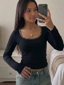 SHEIN Tween女孩秋冬簡約豹紋拼色長袖上衣 - 黑色 - 查看 2