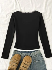 SHEIN Tween女孩秋冬簡約豹紋拼色長袖上衣 - 黑色 - 查看 6