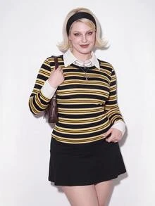 SHEIN ICON Atasan Rajut Bergaris Kuning & Hitam Ukuran Plus Gaya Y2K 2 Potong, Atasan Kasual Bergaris Halloween Musim Gugur - MultiWarna - View 2