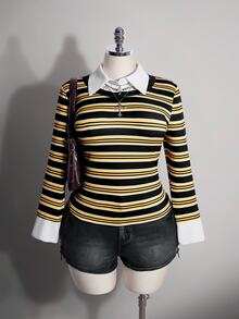 SHEIN ICON Atasan Rajut Bergaris Kuning & Hitam Ukuran Plus Gaya Y2K 2 Potong, Atasan Kasual Bergaris Halloween Musim Gugur - MultiWarna - View 8
