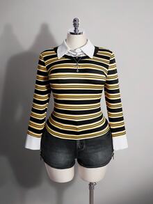 SHEIN ICON Atasan Rajut Bergaris Kuning & Hitam Ukuran Plus Gaya Y2K 2 Potong, Atasan Kasual Bergaris Halloween Musim Gugur - MultiWarna - View 3