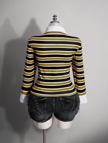 SHEIN ICON Atasan Rajut Bergaris Kuning & Hitam Ukuran Plus Gaya Y2K 2 Potong, Atasan Kasual Bergaris Halloween Musim Gugur - MultiWarna - View 9