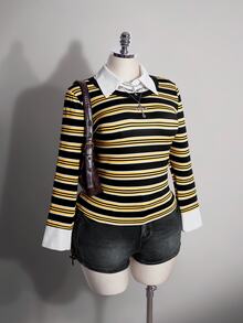 SHEIN ICON Atasan Rajut Bergaris Kuning & Hitam Ukuran Plus Gaya Y2K 2 Potong, Atasan Kasual Bergaris Halloween Musim Gugur - MultiWarna - View 1