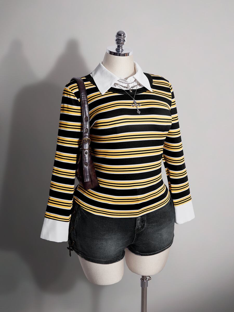 SHEIN ICON Atasan Rajut Bergaris Kuning & Hitam Ukuran Plus Gaya Y2K 2 Potong, Atasan Kasual Bergaris Halloween Musim Gugur - MultiWarna - View 1